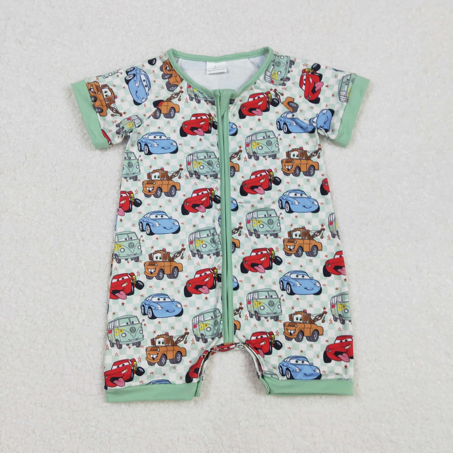 SR2373Plaid Cars Baby Kids Zipper Romper Short Sleeves Comfortable Clothing for Infants