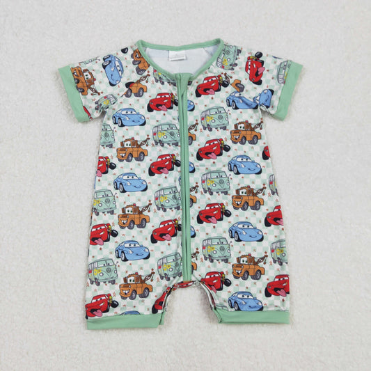 SR2373Plaid Cars Baby Kids Zipper Romper Short Sleeves Comfortable Clothing for Infants