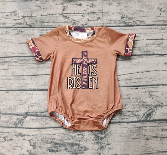 SR2374Baby Boy Camo Easter Romper Short Sleeves 'He Is Risen' Print Spring Outfit for Infants