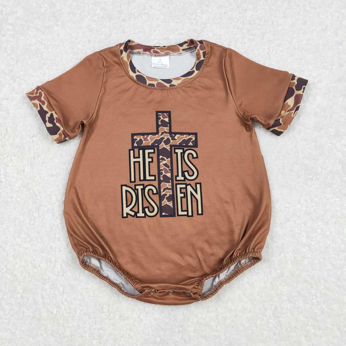 1.27 RTS Sibling Baby Boys Brown Camo Cross He is Risen Pockets Shorts Easter Clothes Set Rompers