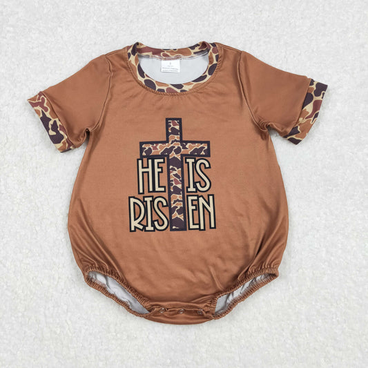 SR2374Holy Camo Short Sleeve 'He is Risen' Romper for Baby Boys' Easter Celebration