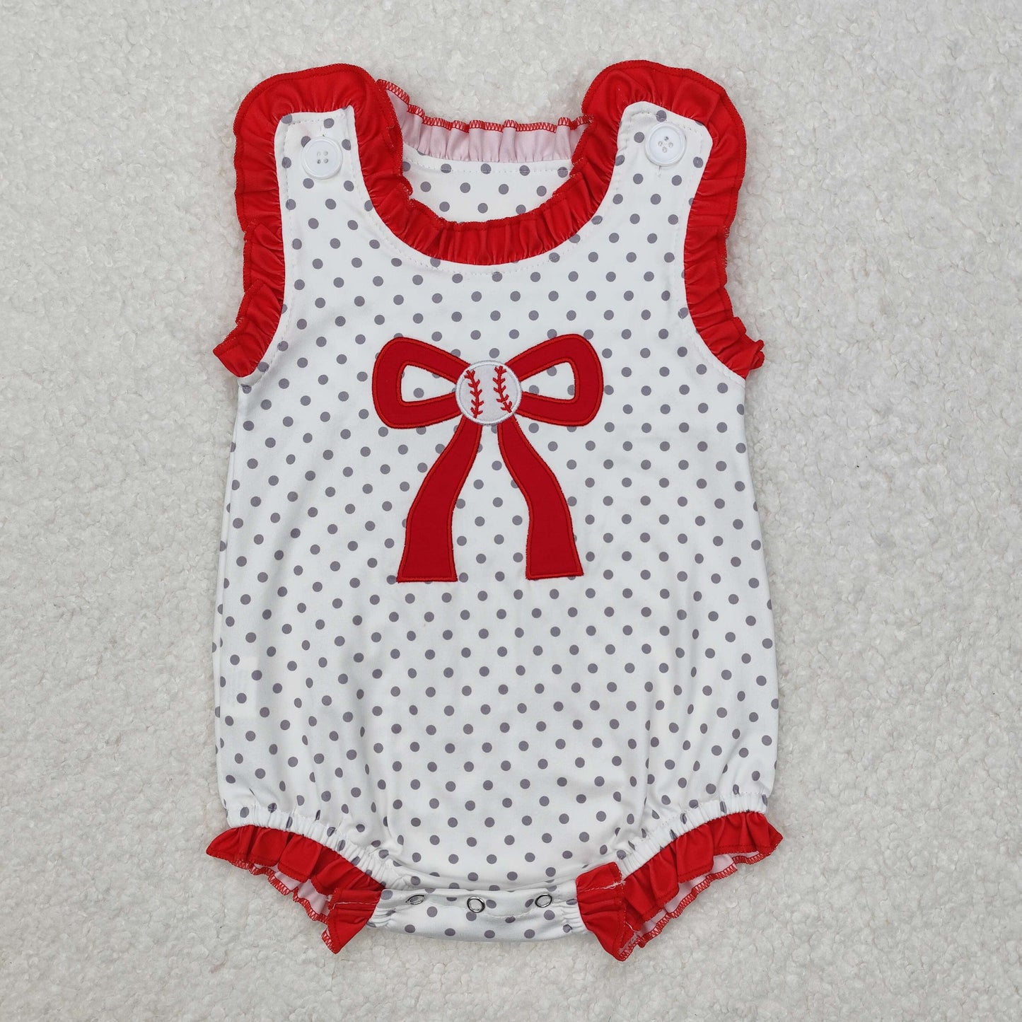SR2376Sleeveless polka dots baseball bow baby girls romper