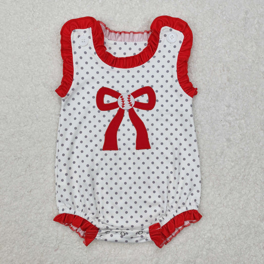 SR2376Sleeveless polka dots baseball bow baby girls romper