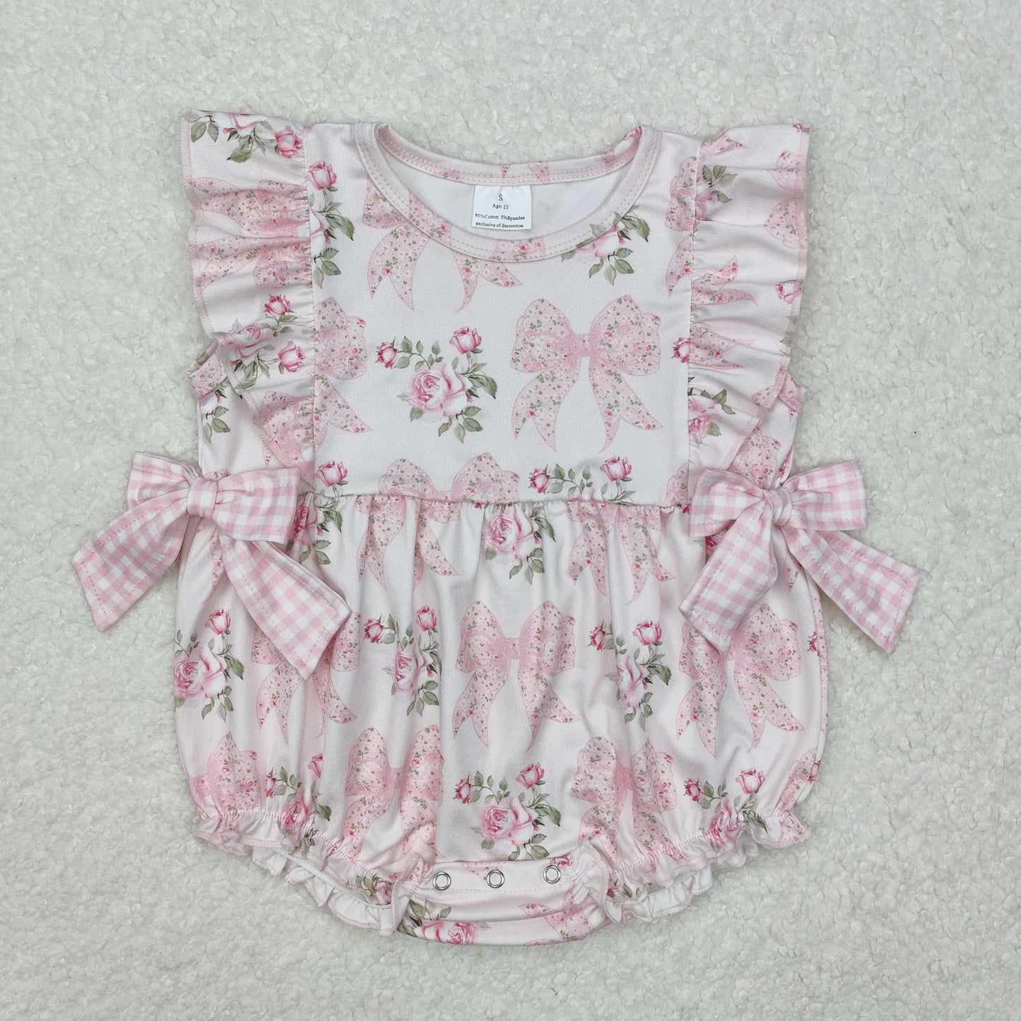 SR2379Flutter sleeves floral plaid bow baby girls romper