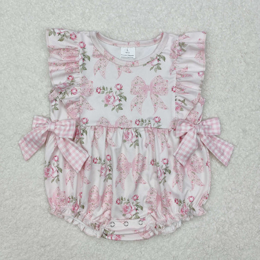 SR2379Flutter sleeves floral plaid bow baby girls romper