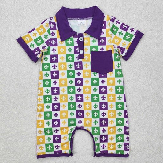 SR2385Purple short sleeves pocket baby boy Mardi Gras polo romper