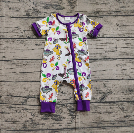SR2394Purple short sleeves pelican baby girls Mardi Gras zipper romper