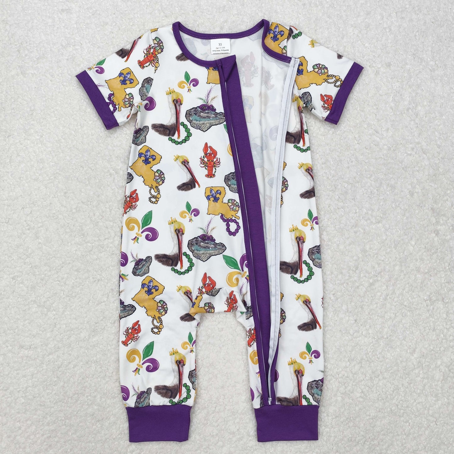 SR2394Purple short sleeves pelican baby girls Mardi Gras zipper romper