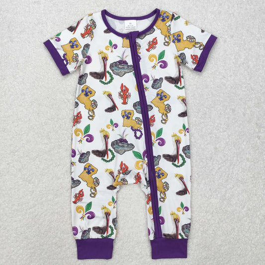 SR2394Purple short sleeves pelican baby girls Mardi Gras zipper romper