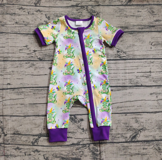 SR2398Short sleeves alligator baby kids Mardi Gras zipper romper