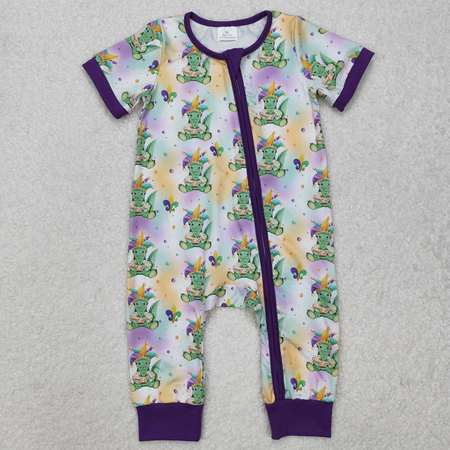 SR2398Baby Boys Purple Short Sleeves Crocodiles Print Mardi Gras Zipper Romper