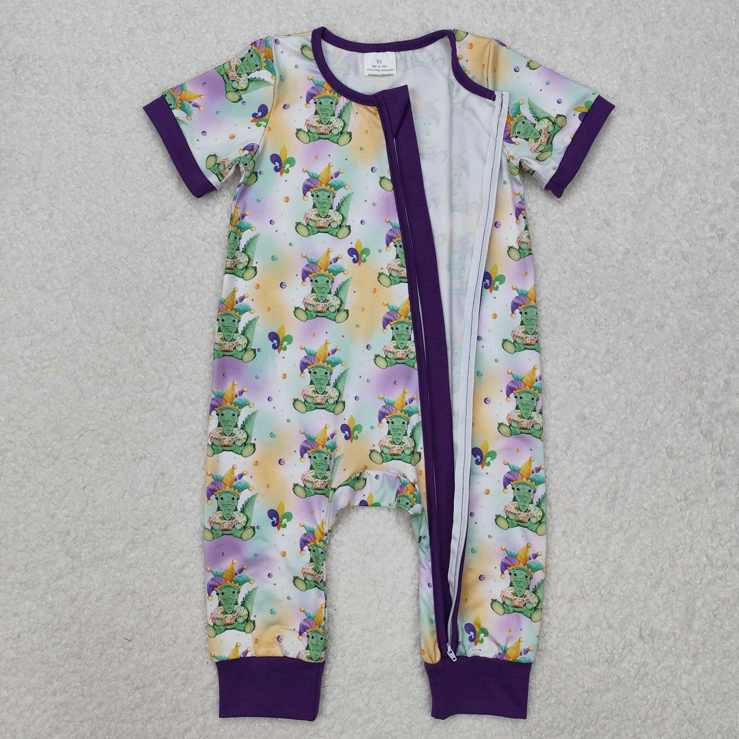 SR2398Baby Boys Purple Short Sleeves Crocodiles Print Mardi Gras Zipper Romper
