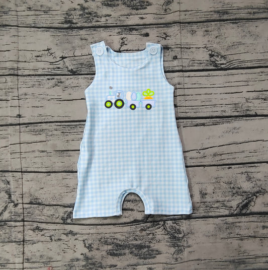 SR2402Baby Boys' Adorable Sleeveless Plaid Easter Romper with Tractor and Eggs Design