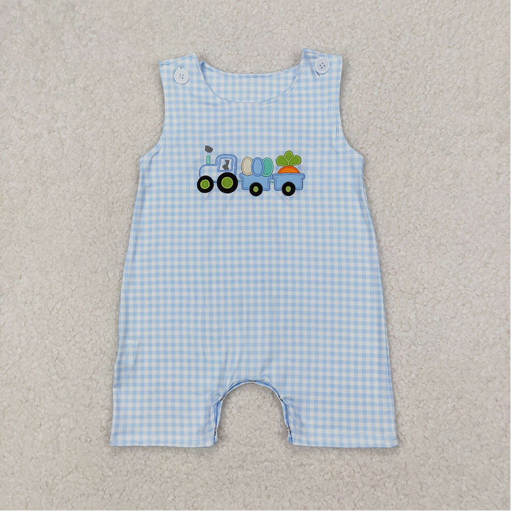 6.24  SR2402 RTS NO MOQ Sleeveless plaid eggs tractor baby boy Easter romper