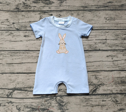 SR2404Light Blue Bunny Baby Boys Easter Romper Short Sleeves Cute Animal Print Spring Summer Outfit for Infants
