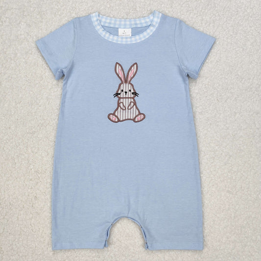 SR2404Light Blue Bunny Baby Boys Easter Romper Short Sleeves Cute Baby Outfit for Spring
