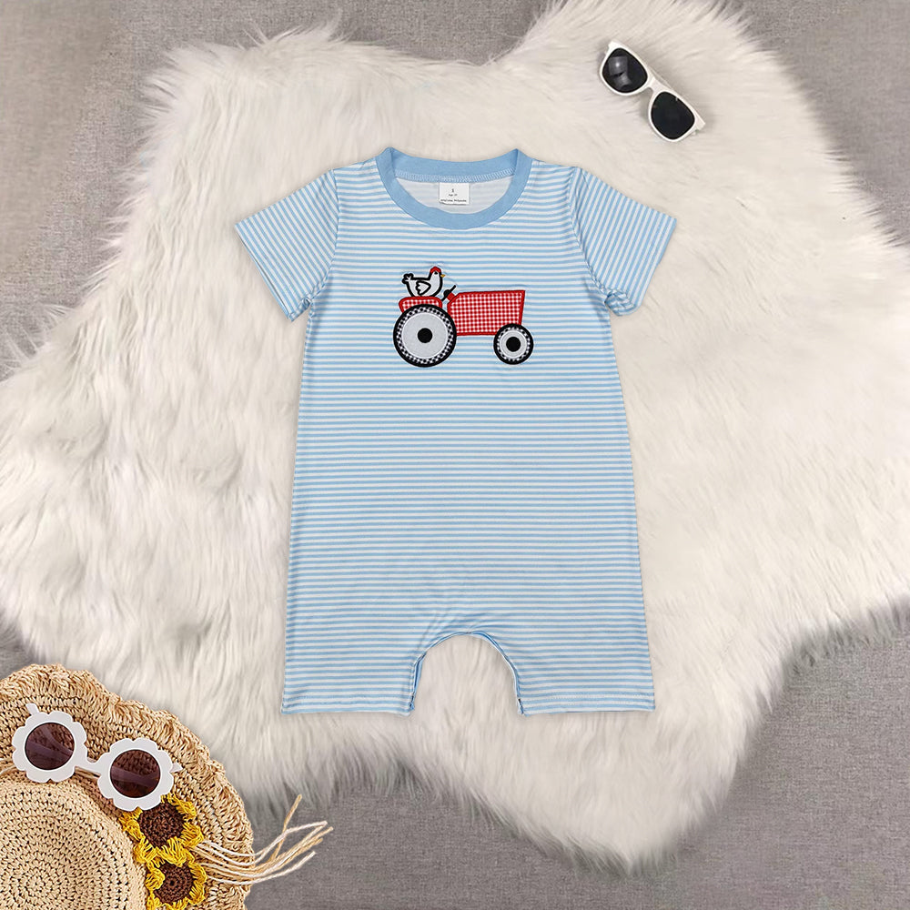 8.12   RTS Sibling Short sleeves stripe chicken tractor boys farm clothes rompers