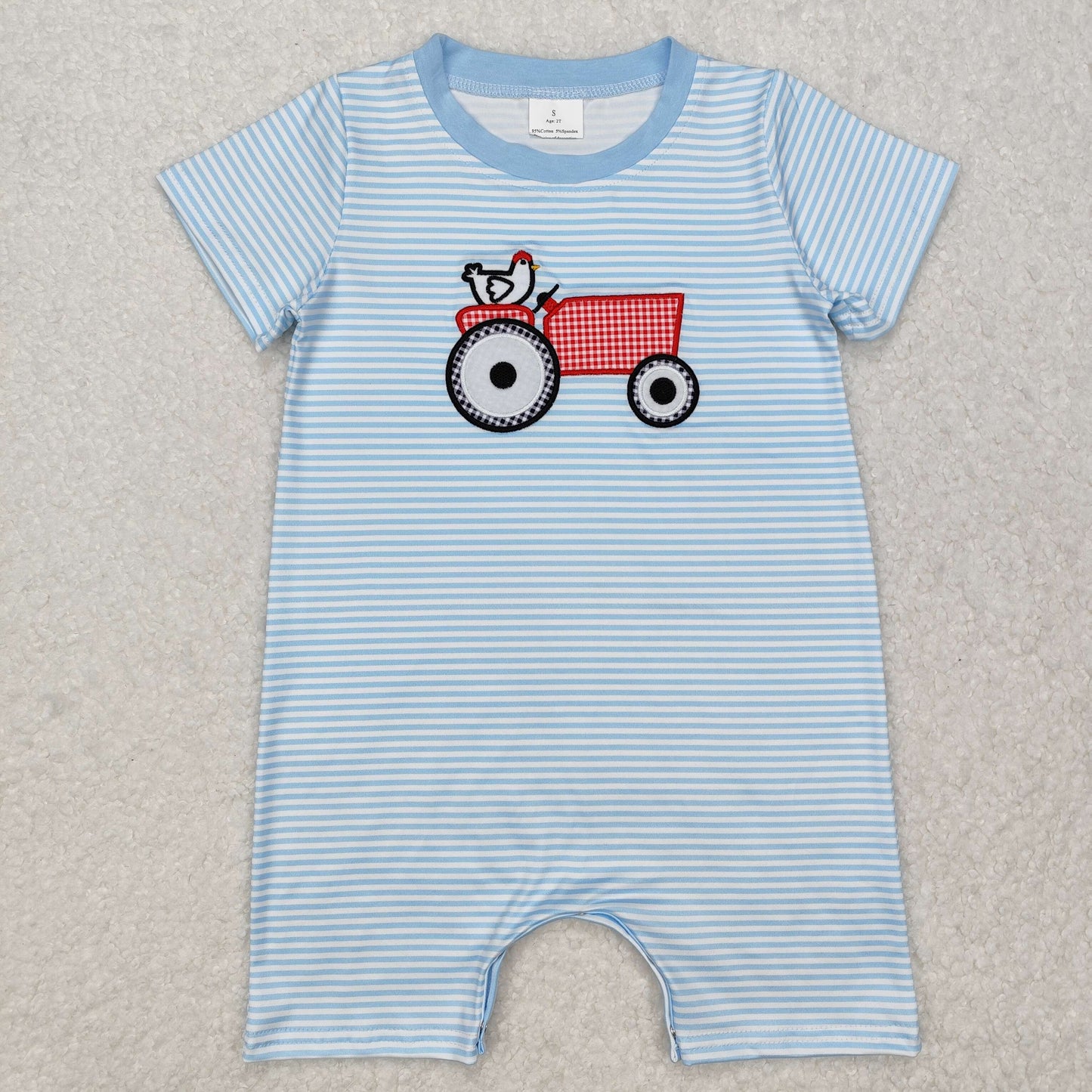 SR2406Short sleeves stripe chicken tractor baby boy farm romper
