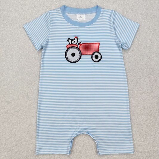 SR2406Short sleeves stripe chicken tractor baby boy farm romper