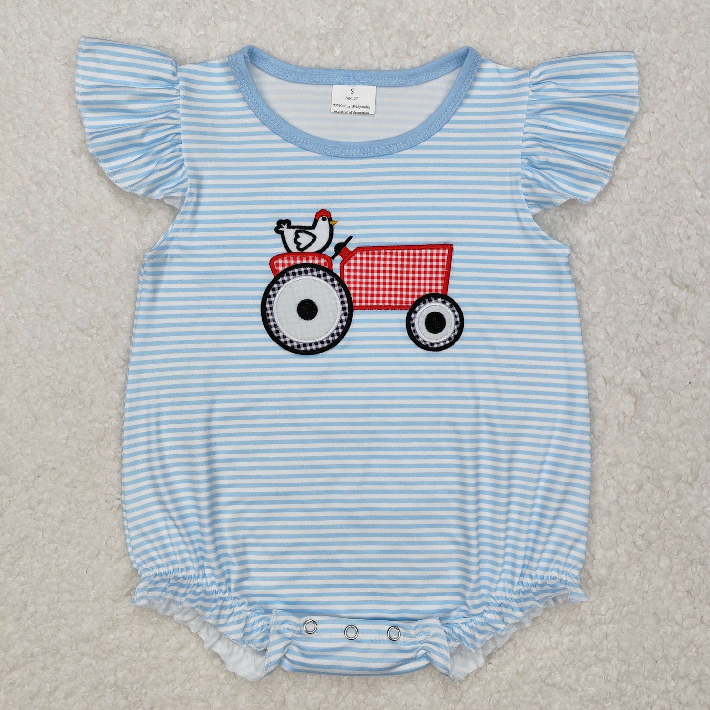 SR2407Baby Girls Light Blue Stripe Flutte Sleeves Embroidery Chicken Farm Romper