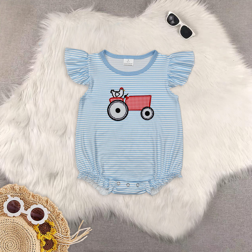 8.12   RTS Sibling Short sleeves stripe chicken tractor boys farm clothes rompers