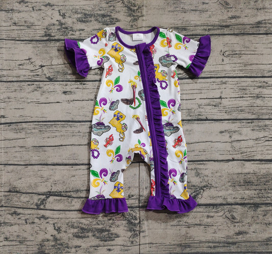 SR2422Purple ruffle pelican baby Mardi Gras zipper romper