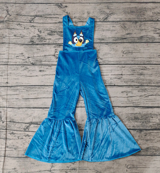 SR2445Velvet Baby Girls Jumpsuit with Straps Blue Dog Print for Infants