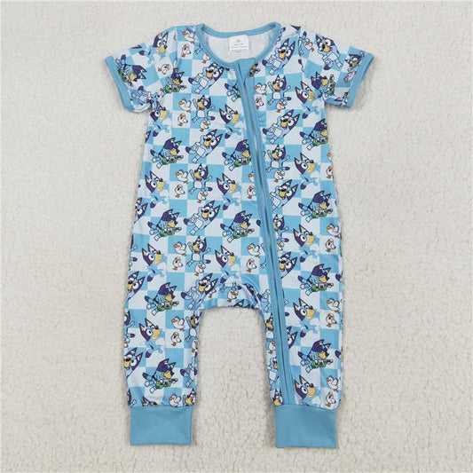 SR2454Baby Boys Blue Short Sleeves Cartoon Blue Dogs Print Zipper Romper