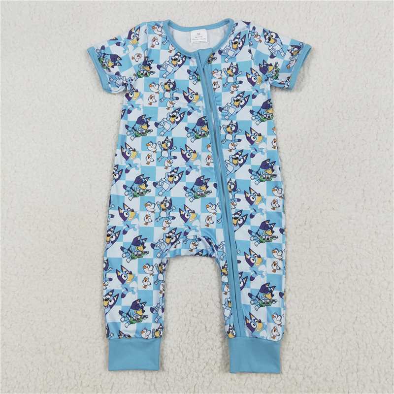4.22 RTS NO MOQ Blue Easter Zip Romper Short Sleeves for Baby Boys with Rabbit And Eggs Design Baby Outfit for Spring