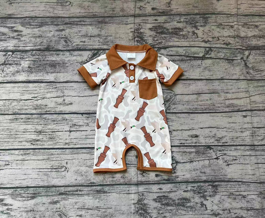 SR2464Baby Boys Khaki Short Sleeves Button Down Pocket Camo Ducks Print Western Romper