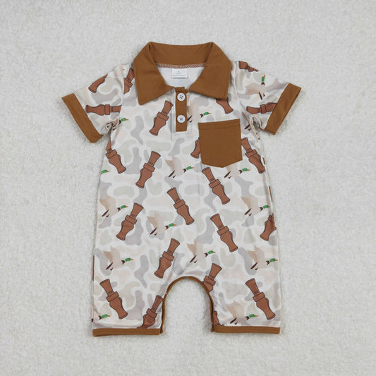 SR2464Stylish Short Sleeve Camo Duck Call Polo Romper for Trendy Baby Boys