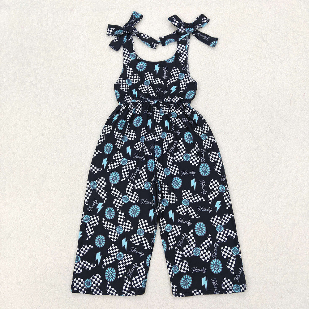 6.07  SR2466 RTS NO MOQ Baby Girls Summer Jumpsuits  Air Arrived it Straps turquoise bow howdy western girls jumpsuit