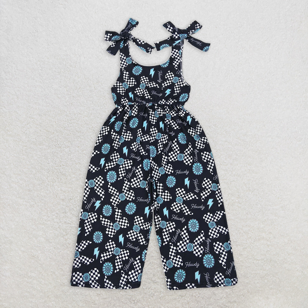 SR2466RTS NO MOQ Baby Girls Summer Jumpsuits Trendy Straps Turquoise Bow Howdy Western Jumpsuit for Fashionable Girls