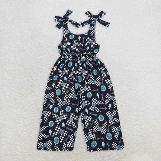 SR2466RTS NO MOQ Baby Girls Summer Jumpsuits Trendy Straps Turquoise Bow Howdy Western Jumpsuit for Fashionable Girls