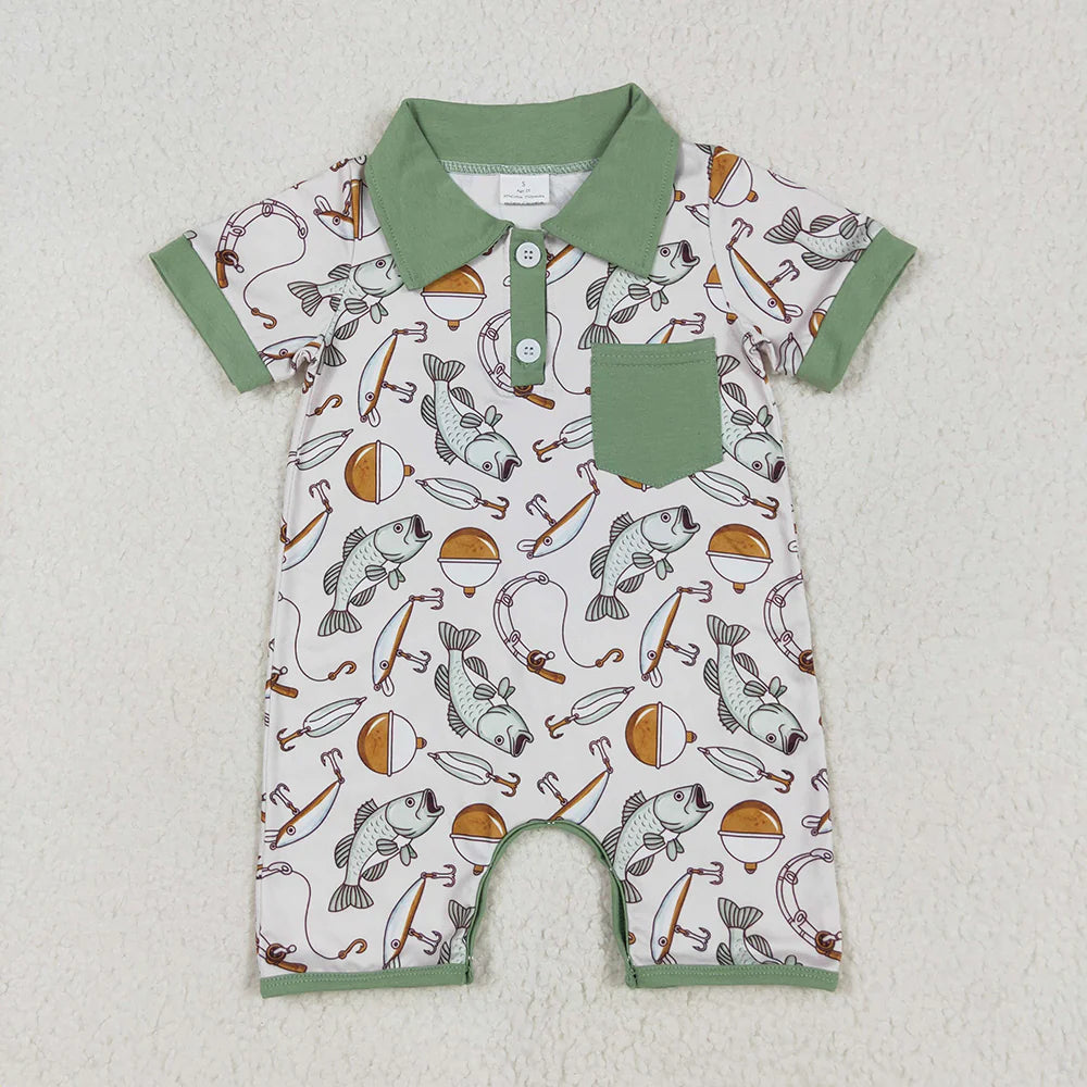 12.25 RTS Sibling Baby Boys Green Pocket Shirts Fishing Rompers Sets