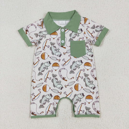 USA Shop (in stock)SR2472RTS NO MOQ Baby Boys Summer Rompers Baby Boys Short Sleeve Polo Romper with Pocket Fishing Theme Casual Outfit for Toddlers
