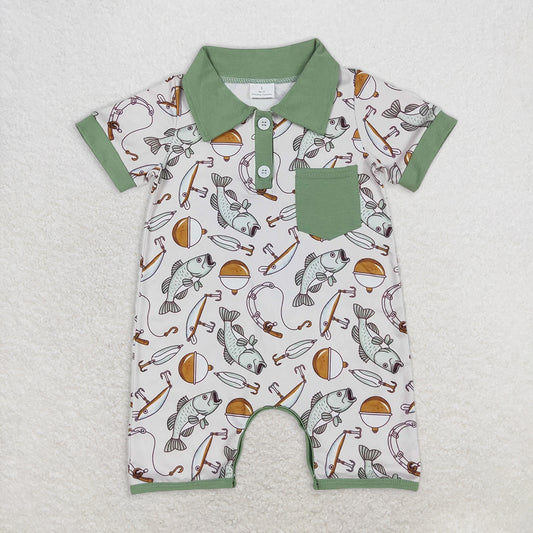 SR2472RTS NO MOQ Baby Boys Summer Rompers Short sleeves pocket fishing baby boys polo romper