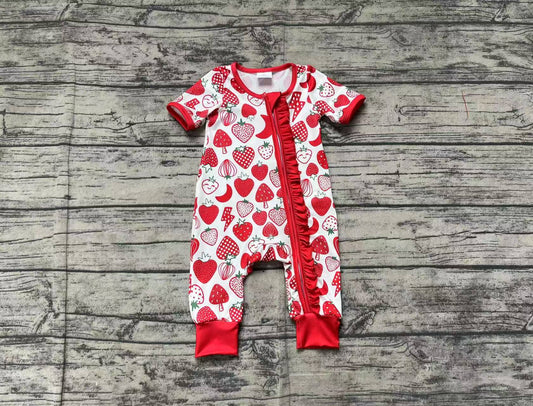 SR2500Adorable Short-Sleeved Strawberry Romper with Zipper for Baby Girls