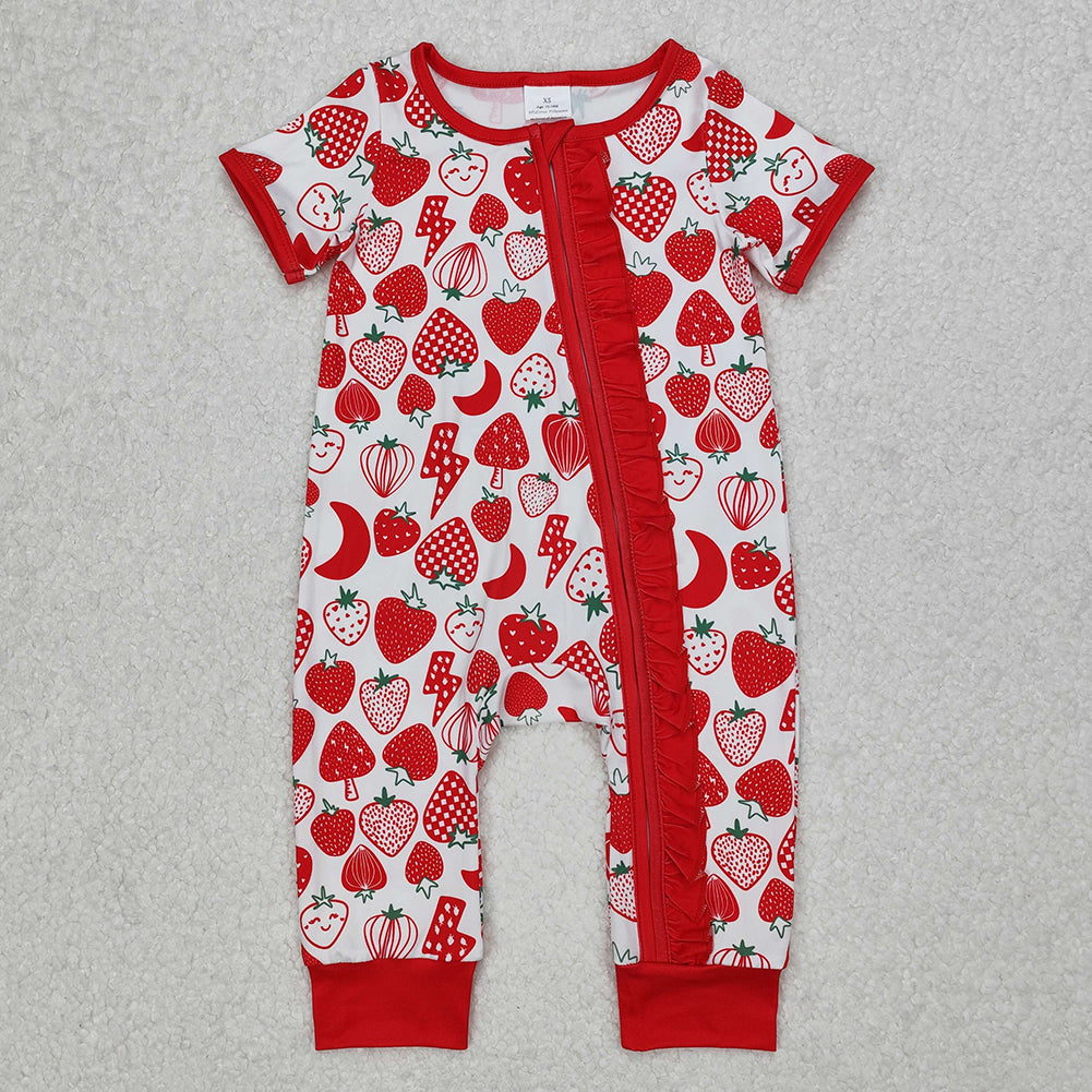 SR2500Strawberry Baby Girls Zipper Romper Short Sleeves Cute Infant Outfit Pink Onesie for Newborns And Toddlers
