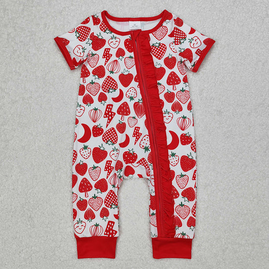 SR2500Strawberry Baby Girls Zipper Romper Short Sleeves Cute Infant Outfit Pink Onesie for Newborns And Toddlers