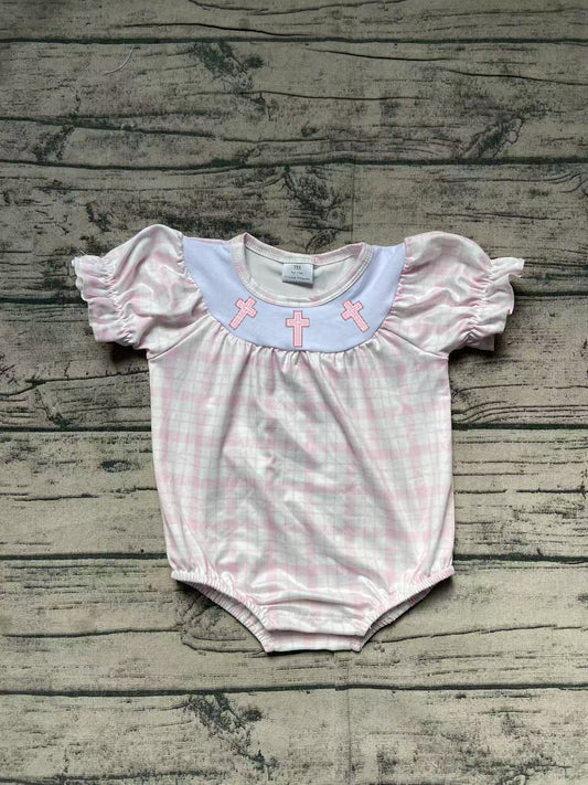 SR2504Cross Plaid Baby Girls Short Sleeve Romper Easter Outfit Cute Infant Girl Clothing Spring Fashionable Baby Girl's Dress