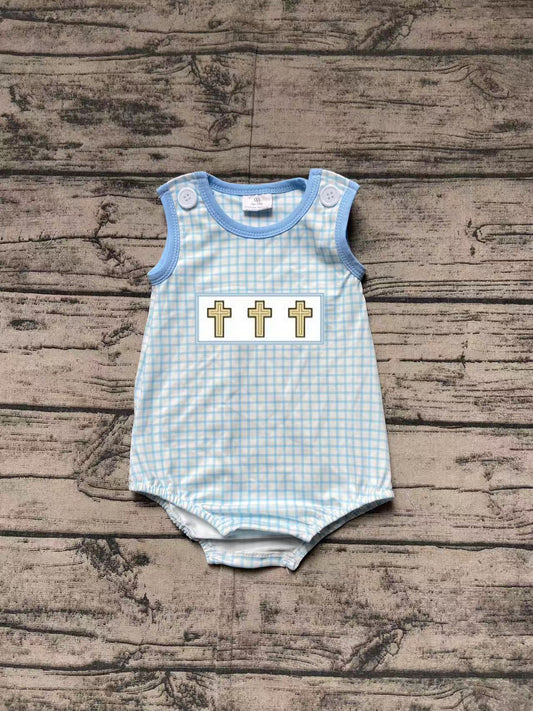 SR2505Light Blue Plaid Cross Sleeveless Romper for Baby Boy Easter Outfit Cute Preemie to Toddler Boys' Clothing