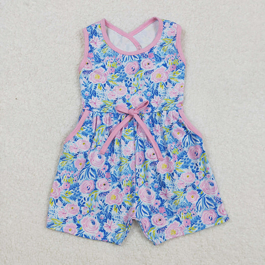 SR2521Light Blue Floral Sleeveless Summer Jumpsuit for Baby Girls - Comfortable Breathable Romper for Warm Weather