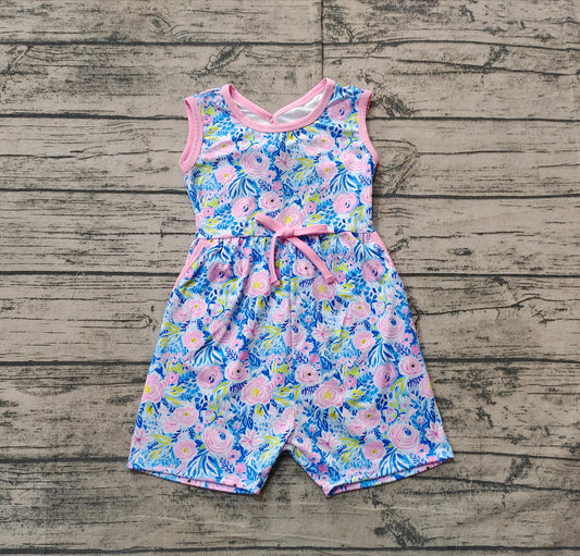 SR2521Sleeveless light blue floral baby girls summer jumpsuit