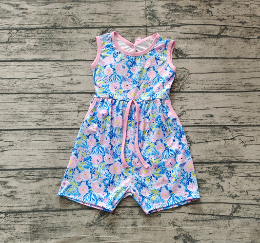 SR2521Sleeveless light blue floral baby girls summer jumpsuit