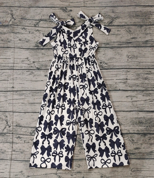 SR2524Kids Girls Black Bow Straps Summer Jumpsuit Adjustable Straps Elastic Waist Vintage Style Casual Romper for Children