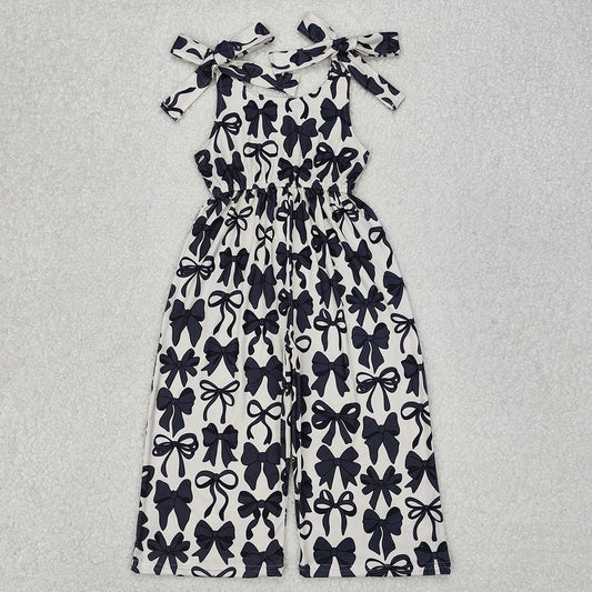 SR2524Kids Girls Black Bow Straps Summer Jumpsuit Adjustable Straps Elastic Waist Vintage Style Casual Romper for Children