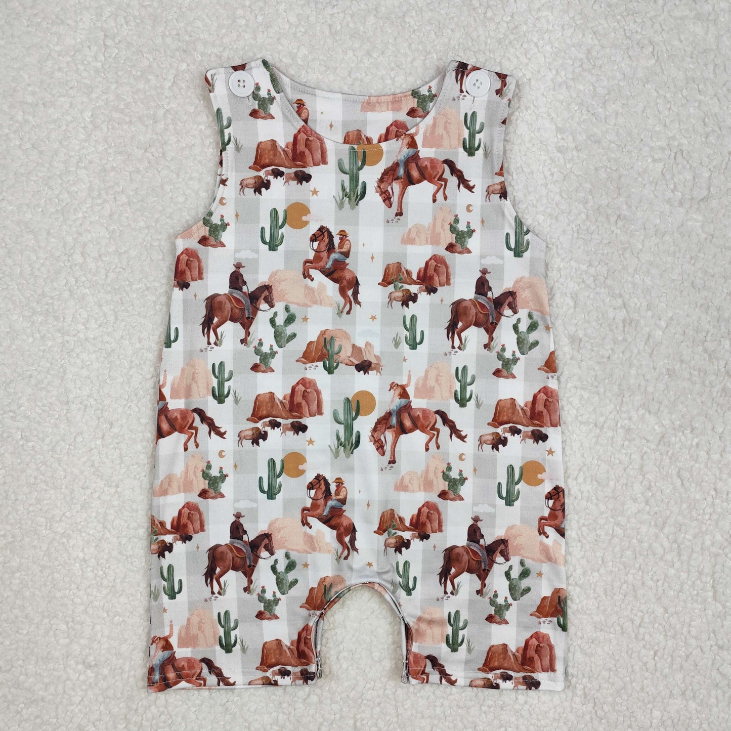 SR2538Western Baby Boy Summer Romper Sleeveless Cactus Print Comfortable Lightweight Jumpsuit for Little Boys
