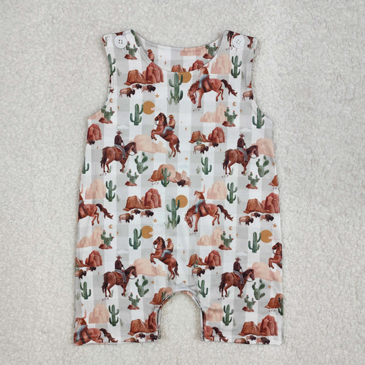 SR2538Western Baby Boy Summer Romper Sleeveless Cactus Print Comfortable Lightweight Jumpsuit for Little Boys