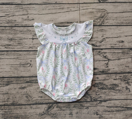 SR2543Light blue bow floral baby girls spring summer romper